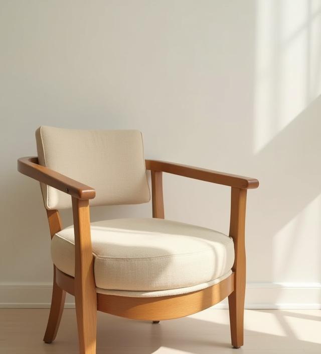 Silla de roble clásica cuidadosamente restaurada, con un asiento de tapicería nueva en lino crudo que resalta la veta natural de la madera.