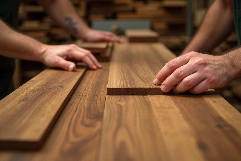 Manos seleccionando tablones de madera de nogal en un almacén.